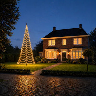 Fairybell Premium 8 meter - 3024 LED in warm wit bij een vlaggenmast