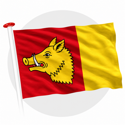 Vlag Aldeboarn wapperend aan witte vlaggenstok