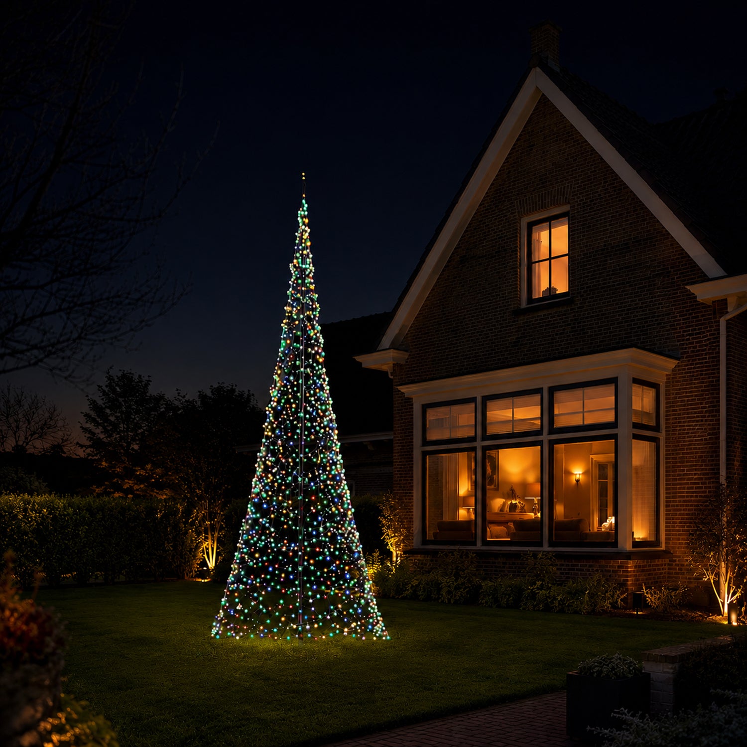 Fairybell Premium 6 meter - 2048 LED in multicolour bij een vlaggenmast