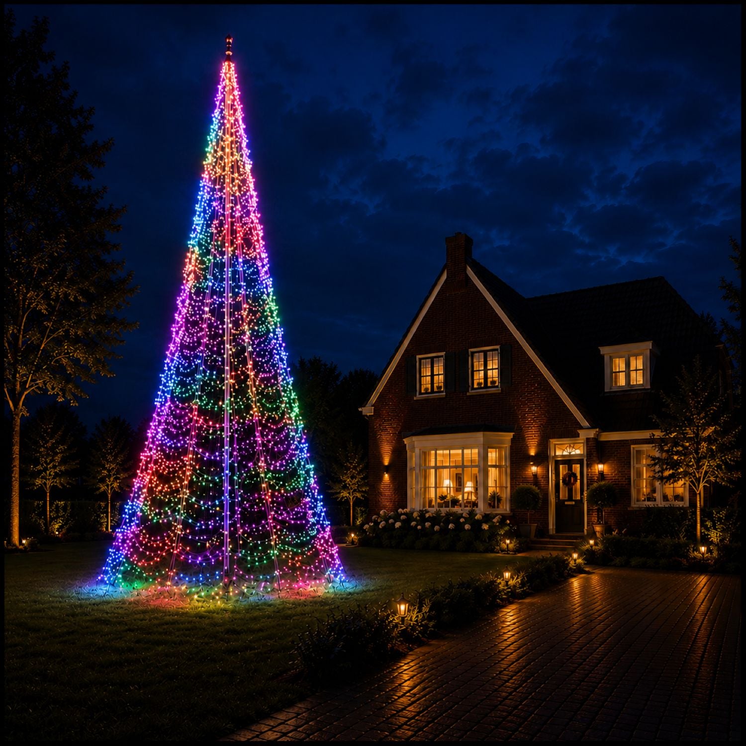 Fairybell PRO 10 meter - 1792 LED RGBW in multicolour bij een vlaggenmast