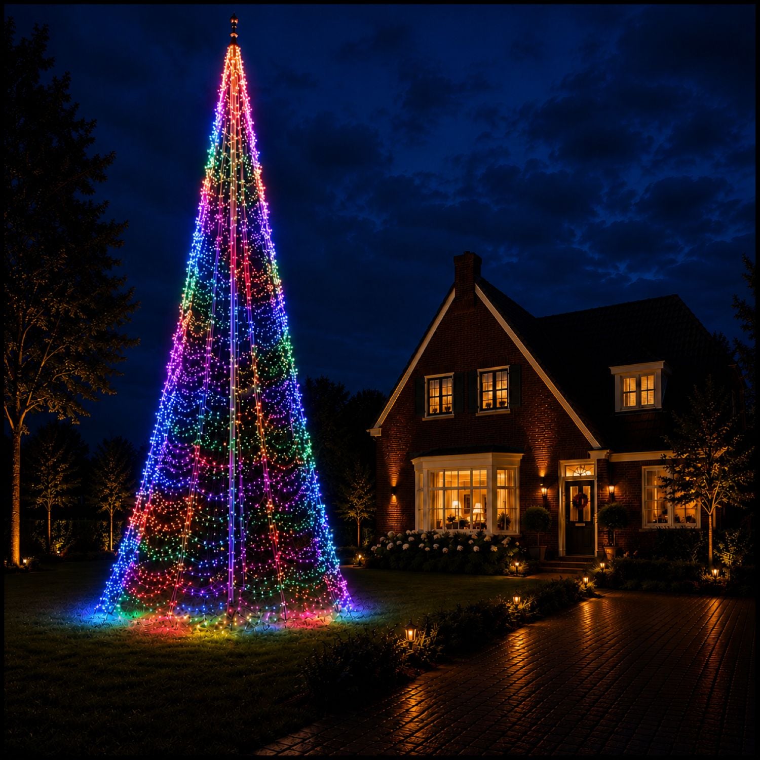 Fairybell PRO 12 meter - 2048 LED RGBW in multicolour bij een vlaggenmast