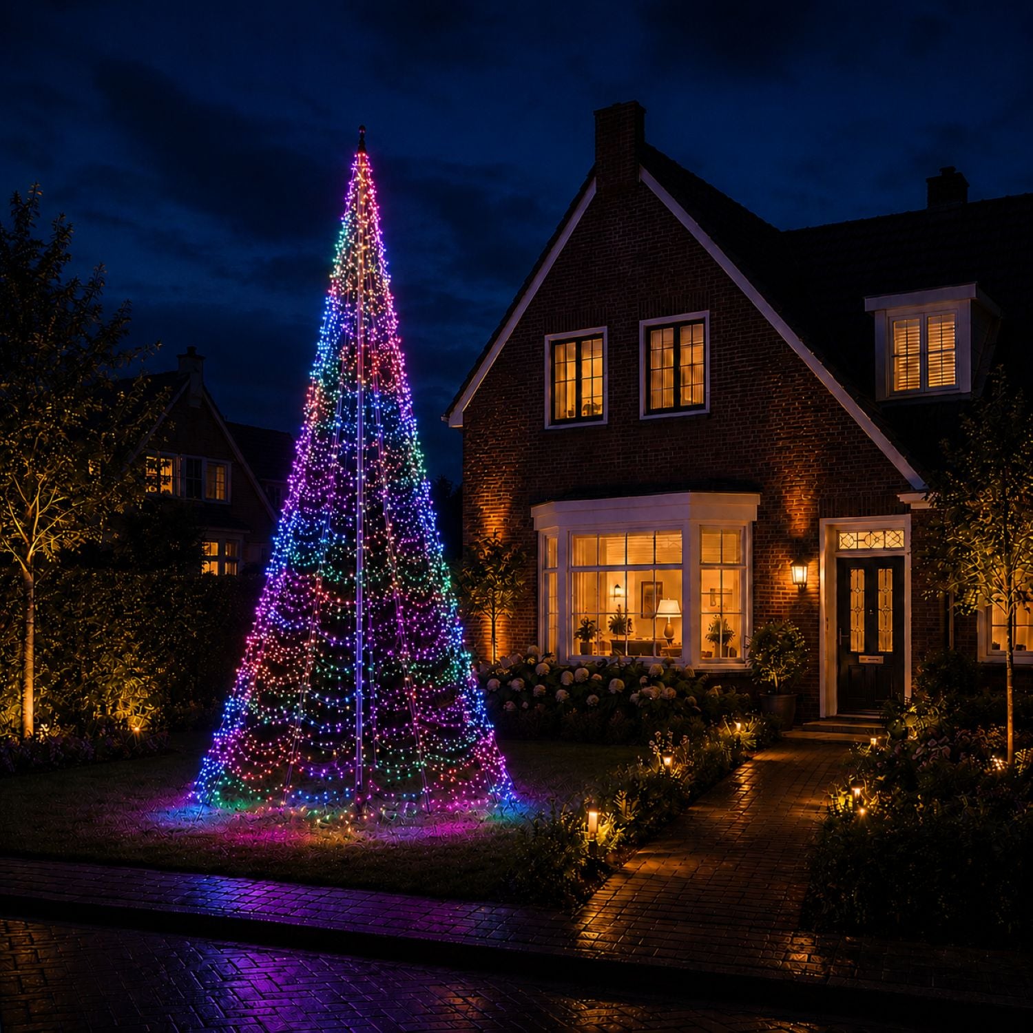 Fairybell PRO 7 meter - 1344 LED RGBW in multicolour bij een vlaggenmast