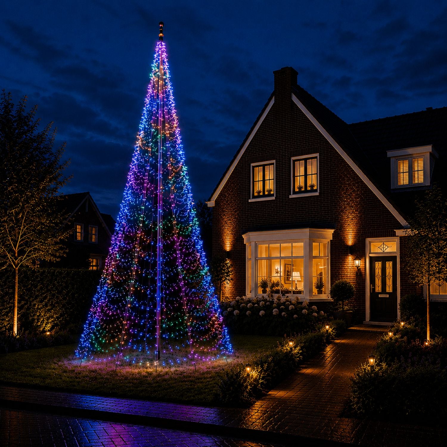 Fairybell PRO 8 meter - 1536 LED RGBW in multicolour bij een vlaggenmast