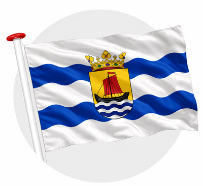 Vlag Arnemuiden wapperend aan witte vlaggenstok