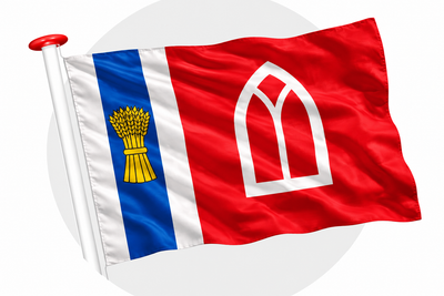 Vlag Baijum (Baaium) wapperend aan witte vlaggenstok